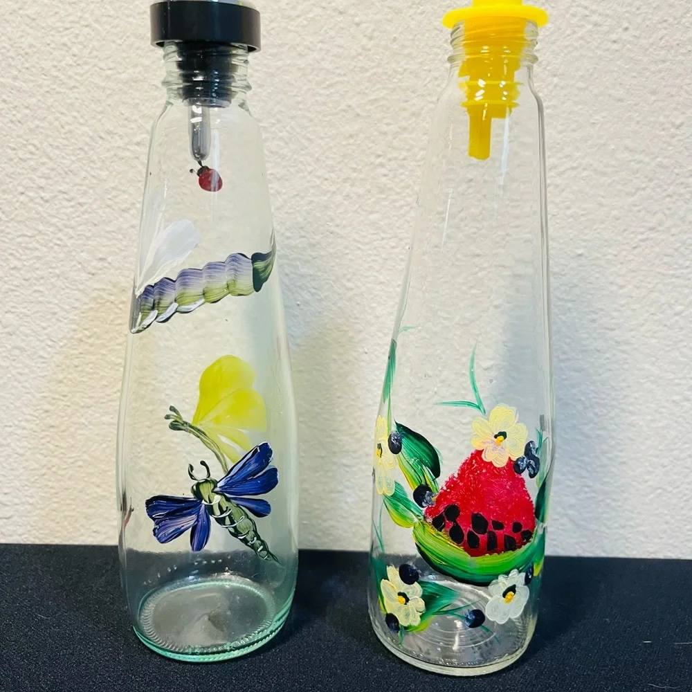 Hand-Painted Glass Cruet’s with Floral and Dragonfly Designs Oil and Vinegar